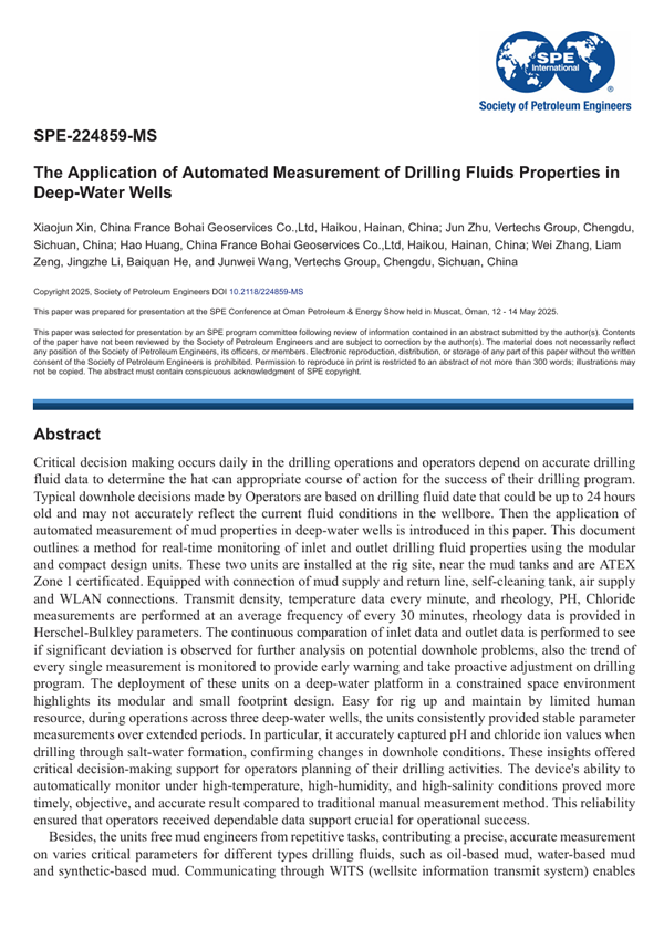 2025年5月 · SPE-224859-MS · The Application of Automated Measurement of Drilling Fluids Properties in Deep-Water Wells