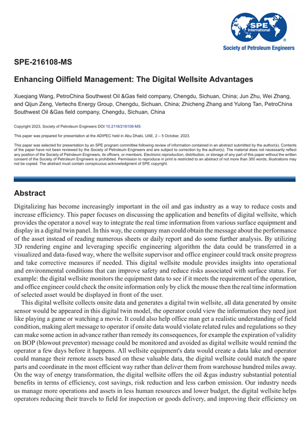 2023年10月 · SPE-216108-MS · Enhancing oilfield management the digital wellsite advantages