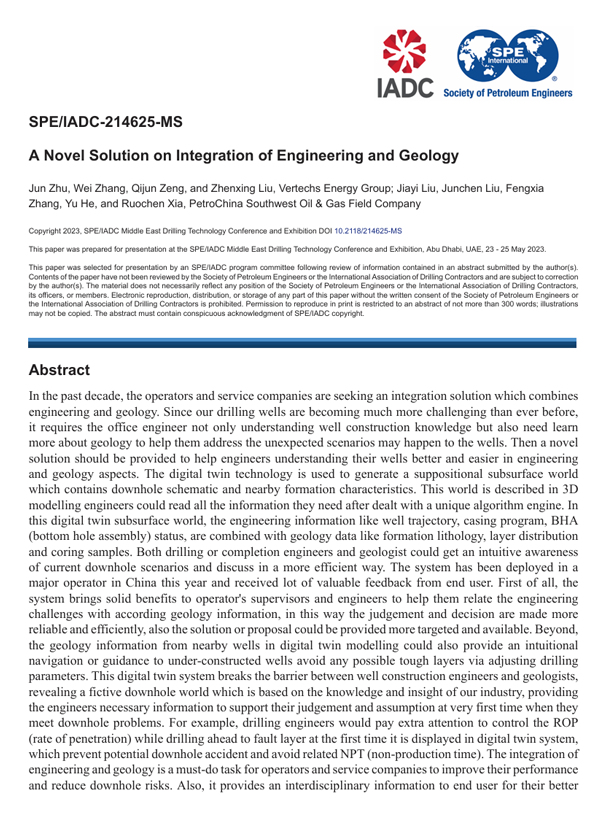 2023年5月 · SPE/IADC-214625-MS · A novel solution on integration of engineering and geology