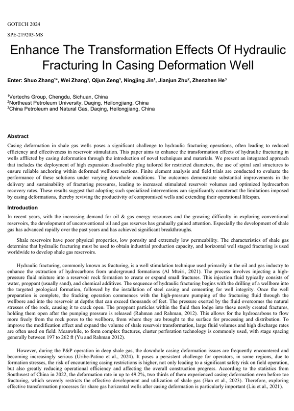 2024年5月 · SPE-219203-MS · Enhance the transformation effects of hydraulic fracturing in casing deformation well