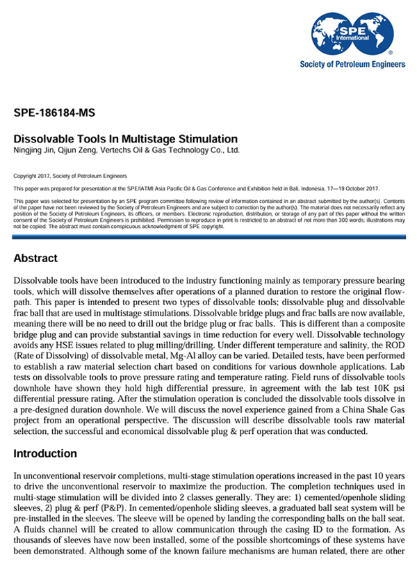 2017年10月 · SPE-186184-MS · Dissolvable tools in multistage stimulation